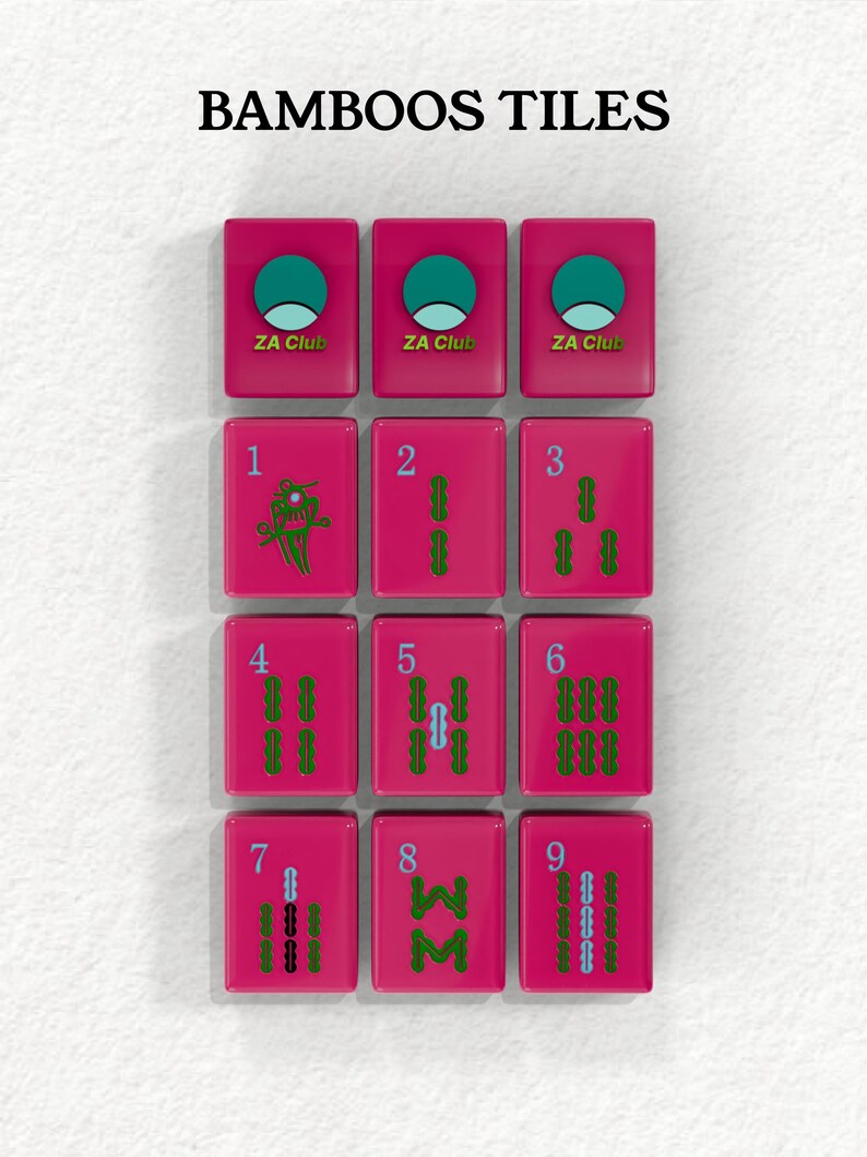 a collection of pink tiles with various designs and numbers, arranged in a grid-like pattern.