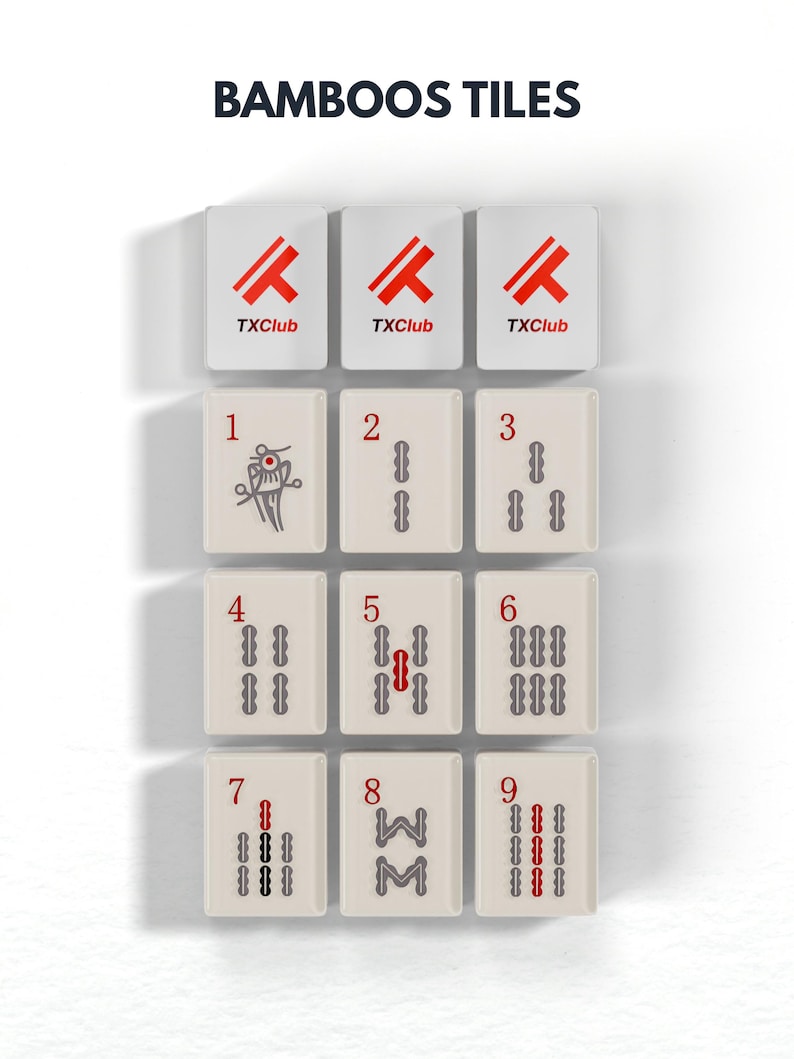 a collection of tiles, each with a unique design or pattern, arranged in a grid format. The tiles are labeled with numbers and text, likely representing the positions or names of the tiles in a game or display.