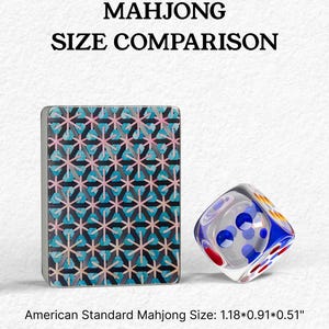a colorful, patterned card and a clear, colorful dice, both placed next to each other.