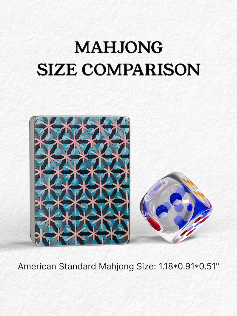 a colorful, patterned card and a clear, colorful dice, both placed next to each other.