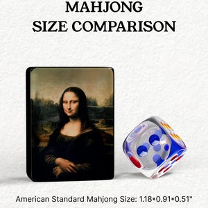 The image is a comparison of the size of the Mah Jongg game pieces to the famous painting of the Mona Lisa. The Mah Jongg pieces are described as being 1.18 inches (0.91 centimeters) in size, while the Mona Lisa is 1.18 inches (0.91 centimeters) in size.
