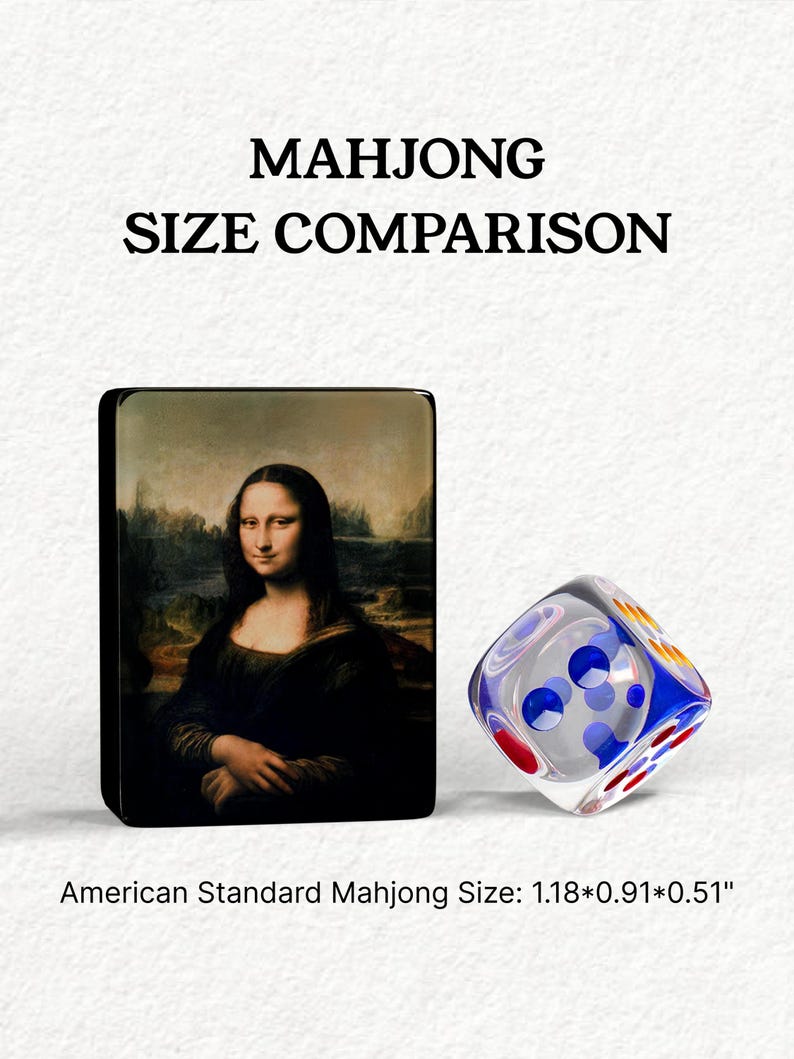 The image is a comparison of the size of the Mah Jongg game pieces to the famous painting of the Mona Lisa. The Mah Jongg pieces are described as being 1.18 inches (0.91 centimeters) in size, while the Mona Lisa is 1.18 inches (0.91 centimeters) in size.