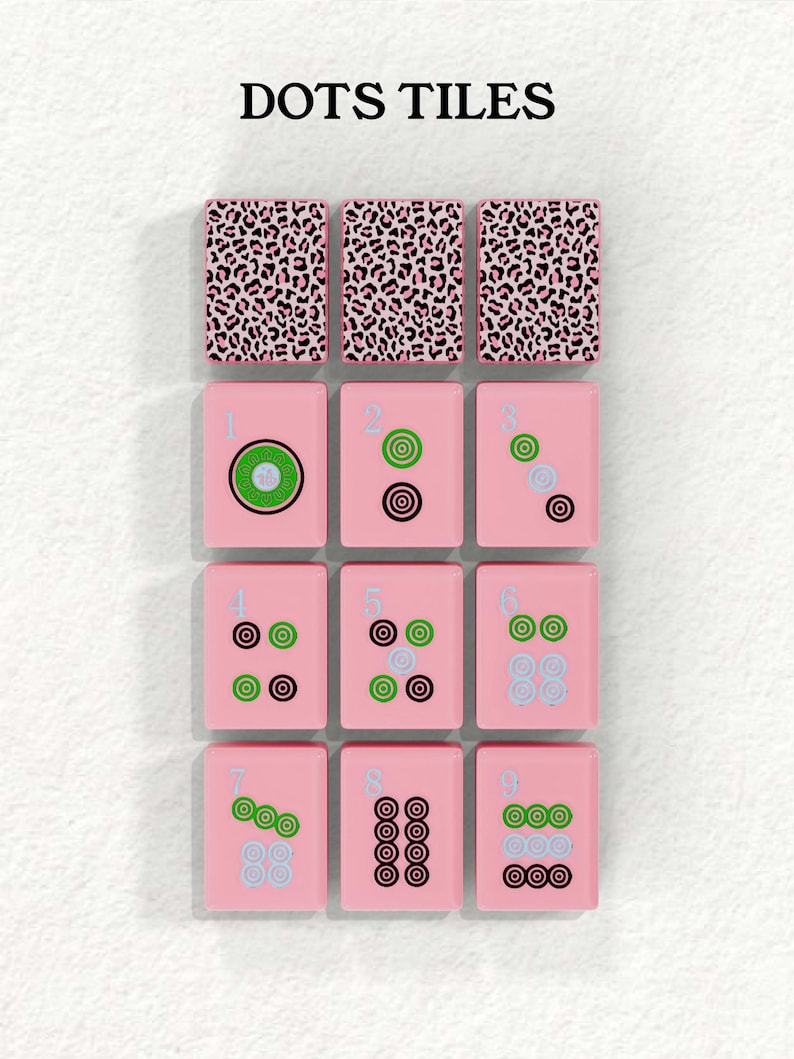 The image is a collage of nine tiles, each with a unique design, arranged in a 3x3 grid. The tiles are pink and feature various patterns and shapes, including leopard print, polka dots, and geometric designs.