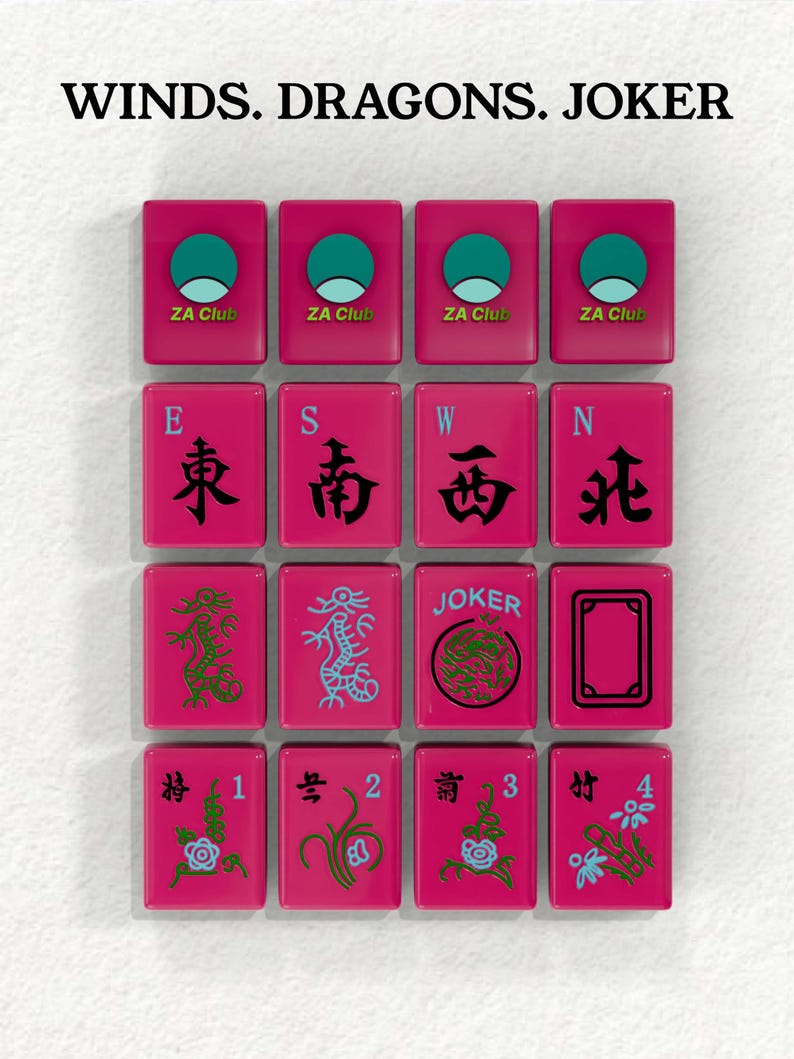 a collection of pink tiles with various symbols and text, including Chinese characters, a dragon, and the words "JOKER" and "ZA Club".