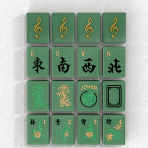 a collection of 16 square tiles, each featuring a unique design or symbol. The tiles are arranged in a grid pattern, with four tiles on the top row, four tiles on the middle row, and four tiles on the bottom row. The tiles display a variety of symbols and designs, including musical notes, dragons, and the word "JOKER". The image does not contain any text, and the tiles are not described in detail.