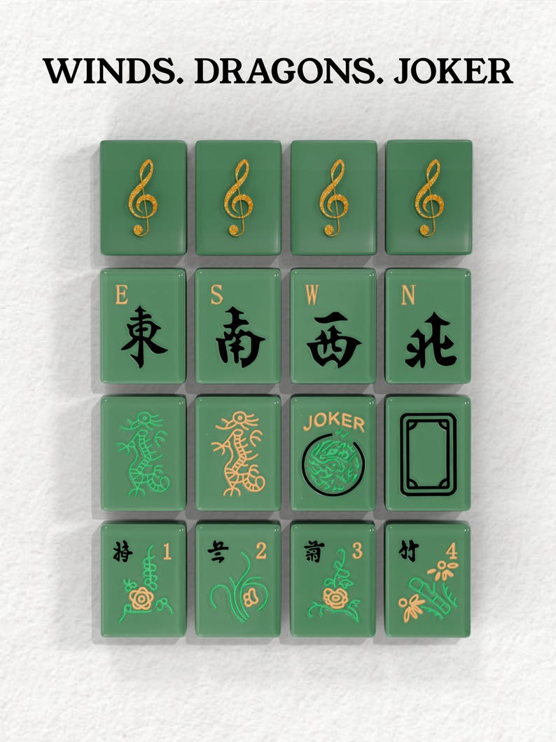 a collection of 16 square tiles, each featuring a unique design or symbol. The tiles are arranged in a grid pattern, with four tiles on the top row, four tiles on the middle row, and four tiles on the bottom row. The tiles display a variety of symbols and designs, including musical notes, dragons, and the word "JOKER". The image does not contain any text, and the tiles are not described in detail.
