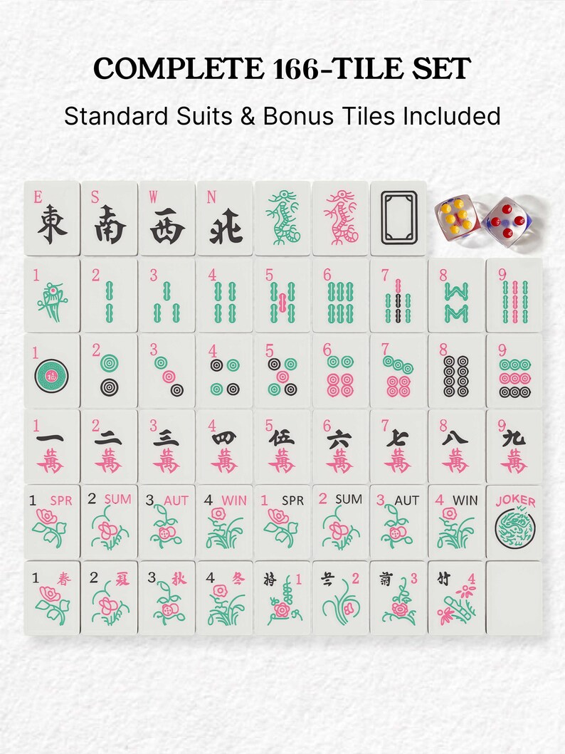 The image is a set of Chinese tiles for mahjong, a popular tile-based game. The tiles are arranged in a grid format, with each tile featuring a unique design and symbol. The tiles are labeled with numbers and letters, and some tiles include bonus tiles. The image also includes a pair of dice, which are used in the game for calculating scores and determining the next move.
