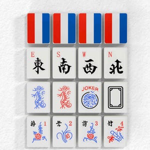 The image is a collage of various Chinese tiles, including the words "Winds. Dragons. Joker" and the names of different characters and symbols.