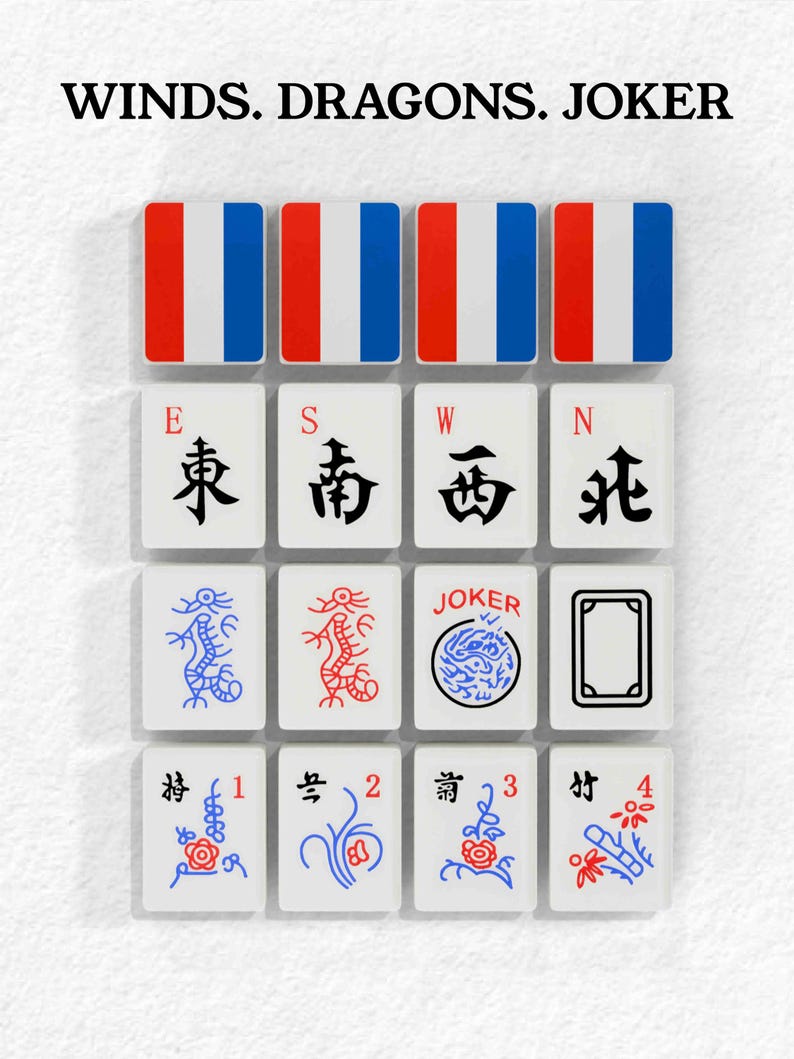 The image is a collage of various Chinese tiles, including the words "Winds. Dragons. Joker" and the names of different characters and symbols.