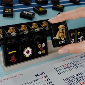 A hand is holding a small black game piece with a picture of a dog on it, in front of a collection of black and yellow game pieces on a blue surface.