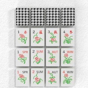 The image is a collection of tiles, each with a different flower design and a number, likely representing a game of Flower Tiles.