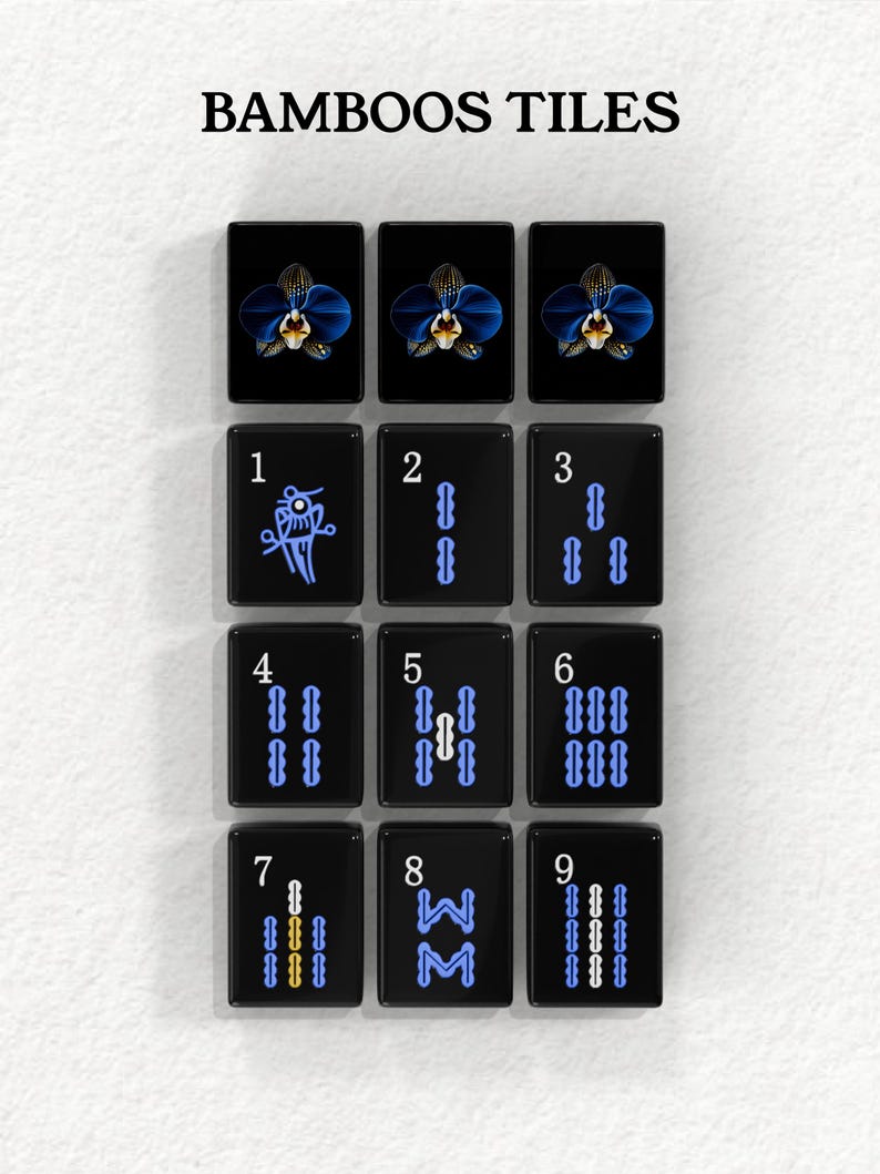 a grid of nine black tiles, each with a different design or symbol on it. The tiles are arranged in a 3x3 grid, and the text "BAMBOOS TILES" is displayed above the tiles.