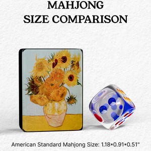 The image is a comparison of the size of a Mah Jong tile and a dice. The tile is described as "American Standard Mahjong Size: 1.18*0.91*0.51", while the dice is shown with a blue and white color scheme.