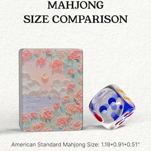 The image is a comparison of the size of a Mah Jong tile and a dice. The tile is described as being 1.18 inches (18.0 cm) in size, while the dice is 1.51 inches (18.0 cm) in size.
