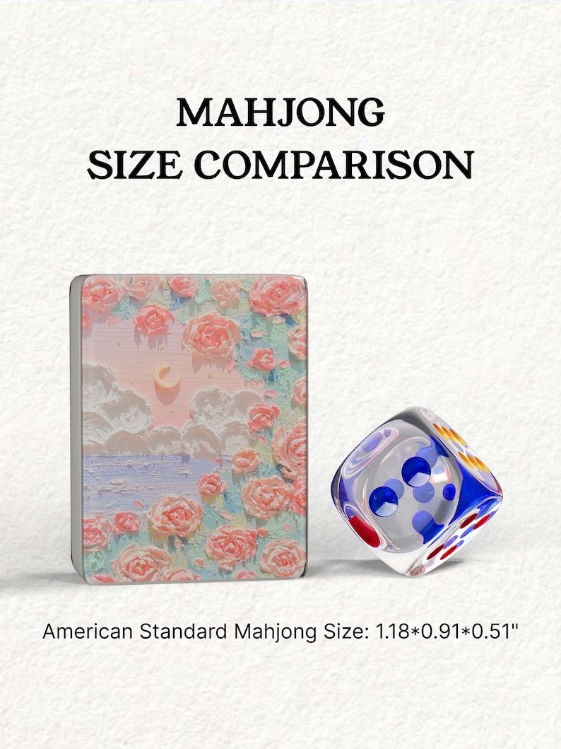 The image is a comparison of the size of a Mah Jong tile and a dice. The tile is described as being 1.18 inches (18.0 cm) in size, while the dice is 1.51 inches (18.0 cm) in size.