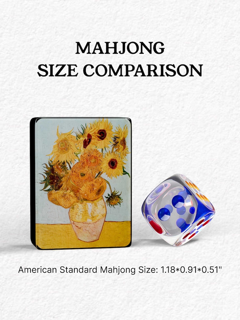 The image is a comparison of the size of a Mah Jong tile and a dice. The tile is described as "American Standard Mahjong Size: 1.18*0.91*0.51", while the dice is shown with a blue and white color scheme.