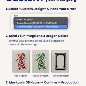 The image is a digital mockup of a custom design featuring a dragon tile with three different colors: red, green, and white. The dragon tile is displayed in a 36-hour time frame, and the customer will receive a confirmation and production within 24 hours after providing their approval.