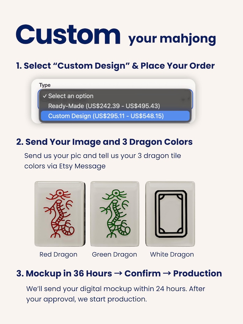 The image is a digital mockup of a custom design featuring a dragon tile with three different colors: red, green, and white. The dragon tile is displayed in a 36-hour time frame, and the customer will receive a confirmation and production within 24 hours after providing their approval.