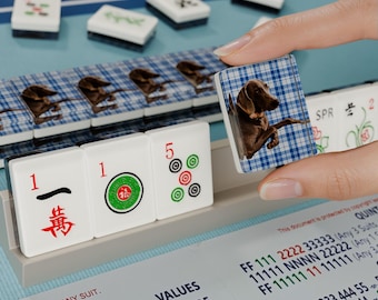 Pet Portrait Custom Mahjong Tiles American Mahjong Tiles Set 166 Pcs, Blue Plaid Dog Photo Backs, Handmade Resin Pet Memory Gift