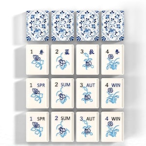 a collection of tiles with floral designs, arranged in a grid format. The tiles are labeled with numbers and text, likely indicating the game's rules or scoring system.