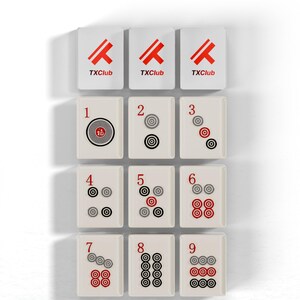 a collection of tiles arranged in a grid, each tile featuring a combination of red and black dots and numbers.