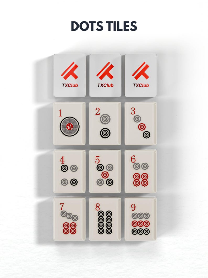 a collection of tiles arranged in a grid, each tile featuring a combination of red and black dots and numbers.
