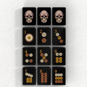 The image is a collage of 12 black tiles, each featuring a skull image and a number. The tiles are arranged in a grid pattern, with three rows and four columns. The numbers 1 through 9 are displayed on each tile, and the skull images are positioned at the top, middle, and bottom of each tile.