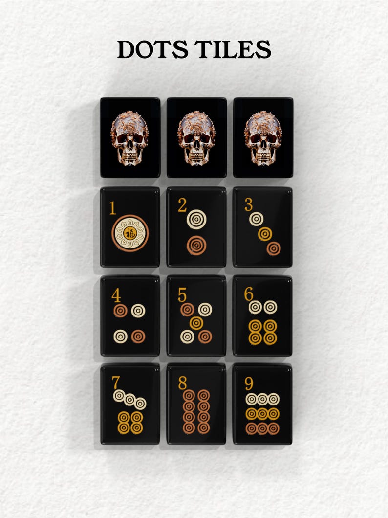 The image is a collage of 12 black tiles, each featuring a skull image and a number. The tiles are arranged in a grid pattern, with three rows and four columns. The numbers 1 through 9 are displayed on each tile, and the skull images are positioned at the top, middle, and bottom of each tile.