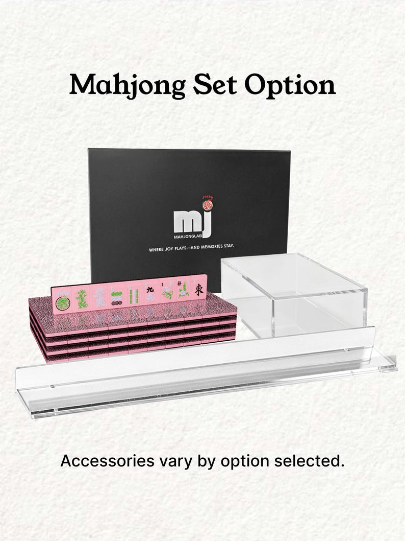 a set of Mah Jongg tiles and a clear plastic tray, with the text "Mahjong Set Option" and "Accessories vary by option selected."