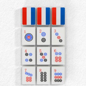 The image is a collage of various tiles, including a set of red, white, and blue tiles, as well as a set of black and white tiles. The tiles are arranged in a grid-like pattern, with some tiles featuring numbers and others depicting shapes or symbols. The image does not contain any text, and the tiles are not described in detail.