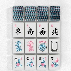 The image is a collage of various Chinese tiles, including the words "Winds. Dragons. Joker" and the names "E. S. W. N." The tiles feature different designs and patterns, including dragons, flowers, and other decorative elements.