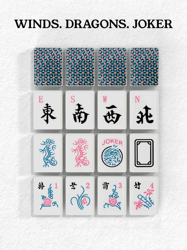 The image is a collage of various Chinese tiles, including the words "Winds. Dragons. Joker" and the names "E. S. W. N." The tiles feature different designs and patterns, including dragons, flowers, and other decorative elements.