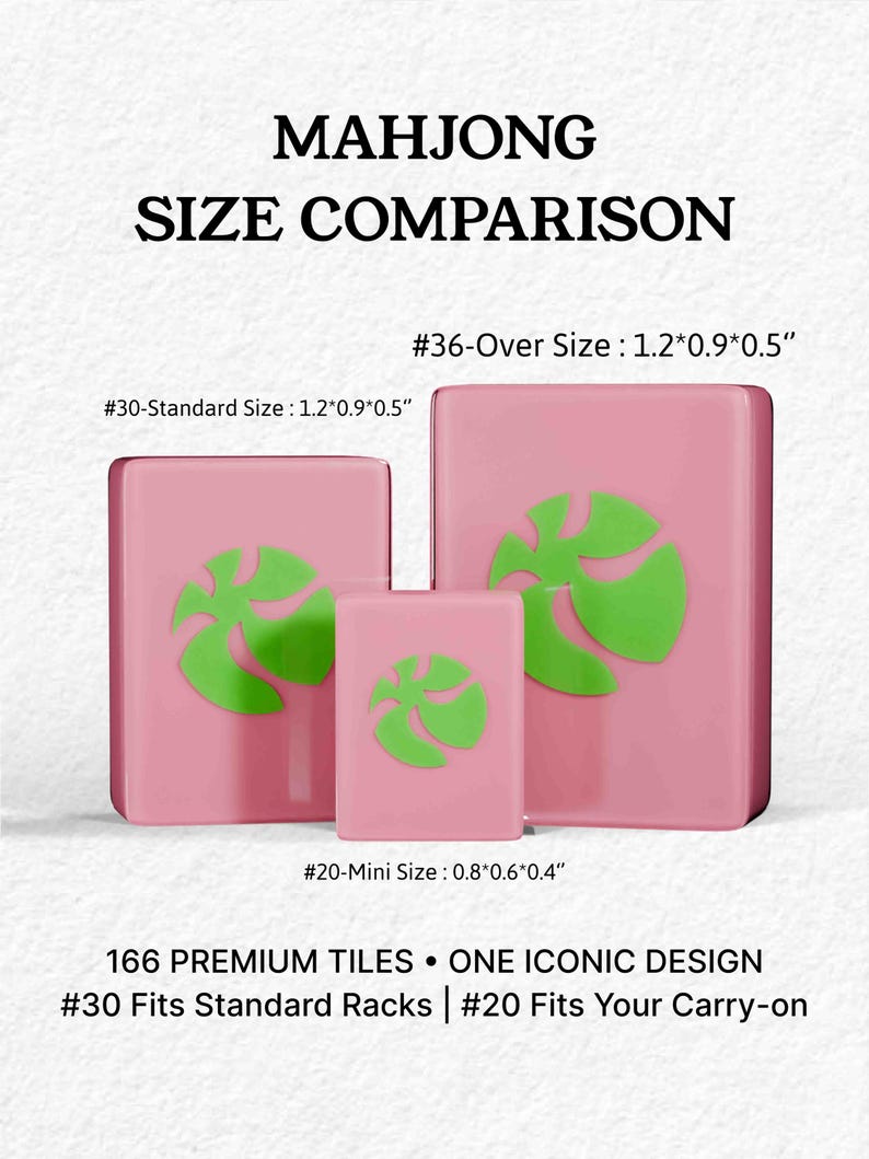 The image is a comparison of three different sizes of pink tiles, each with a green design. The largest tile is #36-Over Size, the medium-sized tile is #30-Standard Size, and the smallest tile is #20-Mini Size. The image also includes information about the sizes and designs of the tiles, as well as the number of tiles in each size.