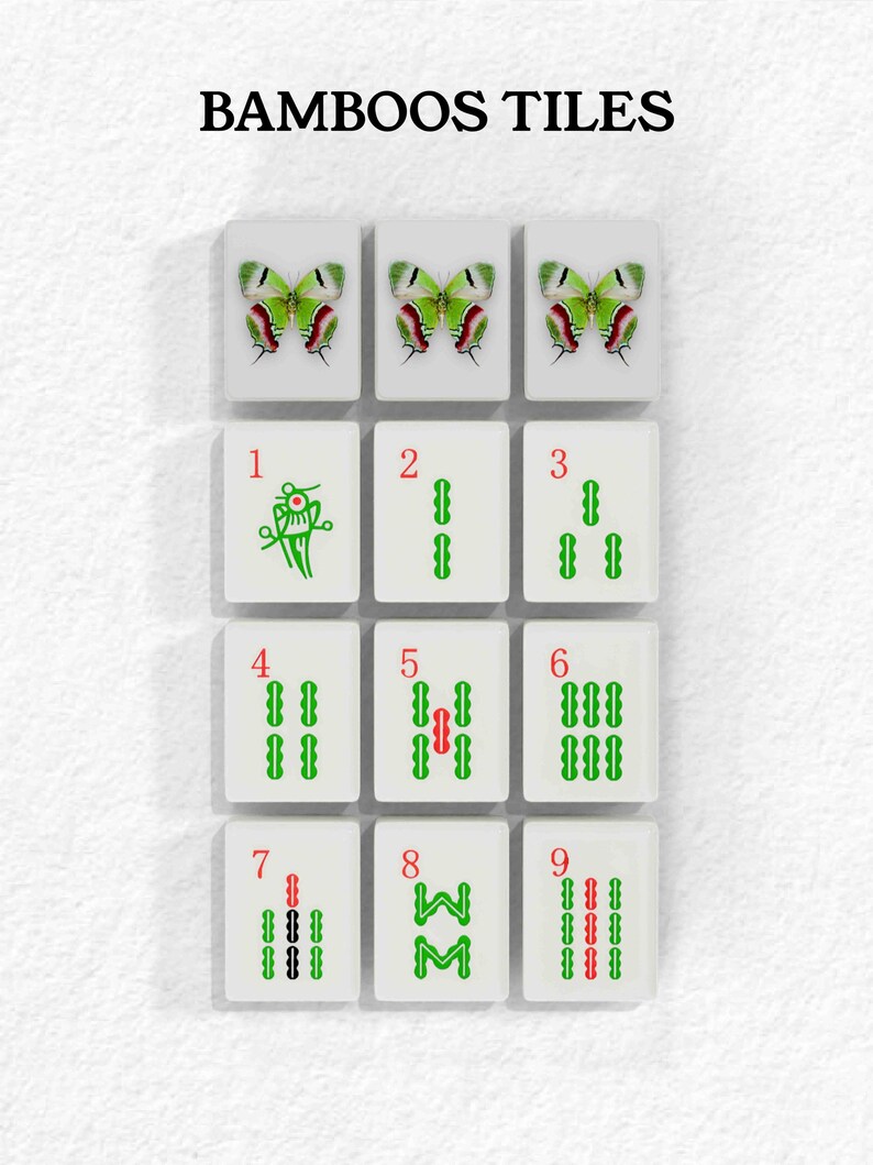 a collection of tiles arranged in a grid, each featuring a unique design or pattern. The tiles are white and display various shapes and symbols, including butterflies, numbers, and other abstract elements. The tiles are organized in a grid format, with three rows and four columns, creating a visually appealing and intricate arrangement.