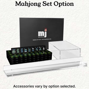 a set of mahjong tiles and a clear plastic case, with the text "Mahjong Set Option" and "Accessories vary by option selected."