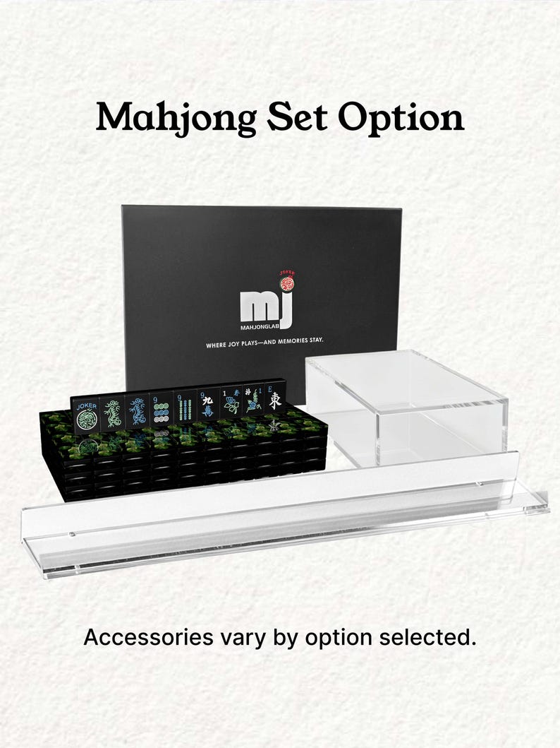 a set of mahjong tiles and a clear plastic case, with the text "Mahjong Set Option" and "Accessories vary by option selected."