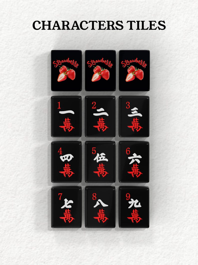 a collection of black tiles with red and white text and images, arranged in a grid pattern.