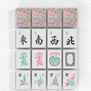 a collection of Chinese tiles arranged in a grid, featuring various symbols and characters.