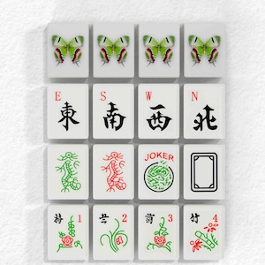 a collection of Chinese tiles arranged in a grid, each tile featuring a different design or symbol. The tiles include elements such as butterflies, dragon, and the word "JOKER". The tiles are arranged in a visually appealing manner, showcasing the diverse designs and symbols associated with Chinese tiles.