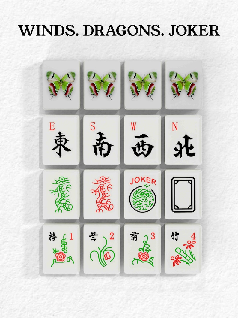a collection of Chinese tiles arranged in a grid, each tile featuring a different design or symbol. The tiles include elements such as butterflies, dragon, and the word "JOKER". The tiles are arranged in a visually appealing manner, showcasing the diverse designs and symbols associated with Chinese tiles.