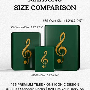The image is a comparison of three different sizes of green rectangular objects, each with a gold musical note design on them. The text provides information about the sizes and features of the objects, including their standard size, over size, and the number of standard and oversize sizes available.