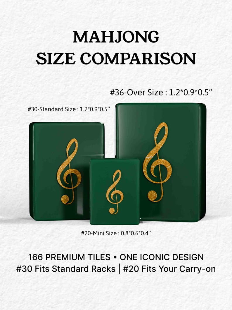 The image is a comparison of three different sizes of green rectangular objects, each with a gold musical note design on them. The text provides information about the sizes and features of the objects, including their standard size, over size, and the number of standard and oversize sizes available.