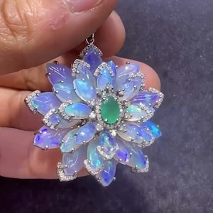 Natural Handmade Opal & Emerald Flower Pendant, 925 Sterling Silver Pave Diamond Jewelry, Rainbow Opal Pendant, Birthday Gift for Her