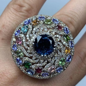 Natural Multicolor Gemstone Ring, London Topaz Tanzanite Tourmaline Ring, Pave Diamond Ring, 925 Sterling Silver, Cocktail Ring,Gift for Her