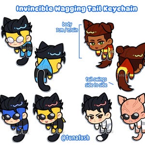 May include: A collection of Invincible Wagging Tail Keychains. The keychains feature cartoon characters with cat-like ears and wagging tails. The body is 2.76 inches (7cm) long. The text "Invincible Wagging Tail Keychain" and the artist's username are visible.