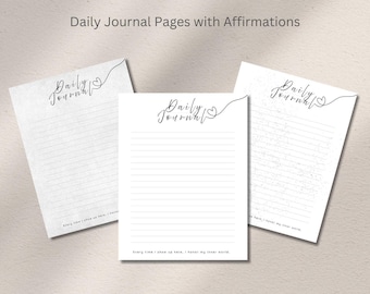 以下が含まれることがあります： 白いジャーナルページが3枚。罫線入りの紙に筆記体で「Daily Journal」と書かれています。ページにはハート型のデザインと「Every time I show up here, I honor my inner world.」というテキストがあります。
