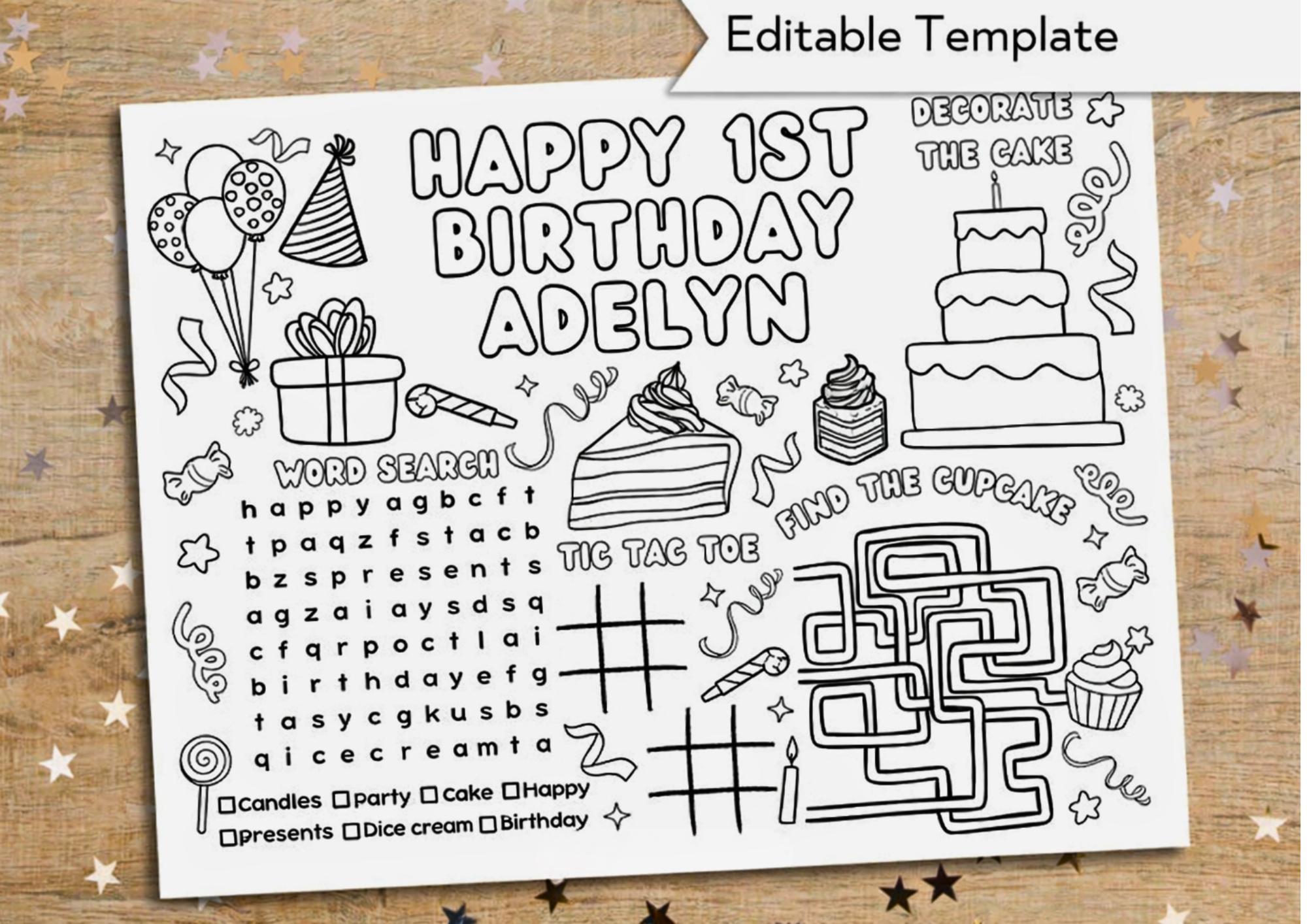 Personalized 1st Birthday Coloring Placemat – Printable Activity Sheet ...