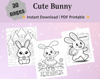 Kawaii Bunny Coloring Pages, 30 Rabbit Designs (PDF Digital Download)