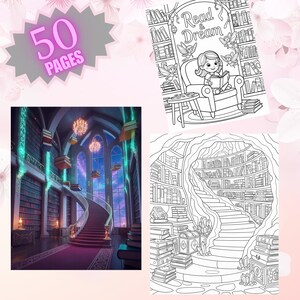 Könnte beinhalten: Ein digitales Malbuch mit drei Illustrationen: eine Fantasy-Bibliothek mit Wendeltreppe, eine Höhlenbibliothek mit Treppen und ein Mädchen, das mit Feen liest. Das Cover zeigt einen rosa Stern mit dem Text "50 PAGES".