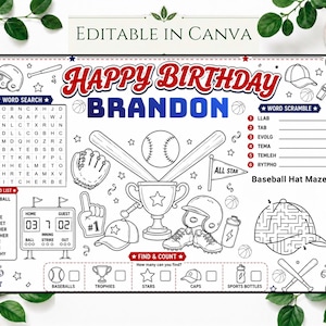 May include: A printable baseball-themed activity placemat featuring the text HAPPY BIRTHDAY BRANDON, a word search, word scramble, baseball hat maze, and a find and count section with illustrations of a trophy, baseballs, bats, and a scoreboard.